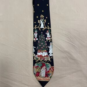 Vintage Wembley 100% Silk Festive Black Christmas Tie with Santa and Angels